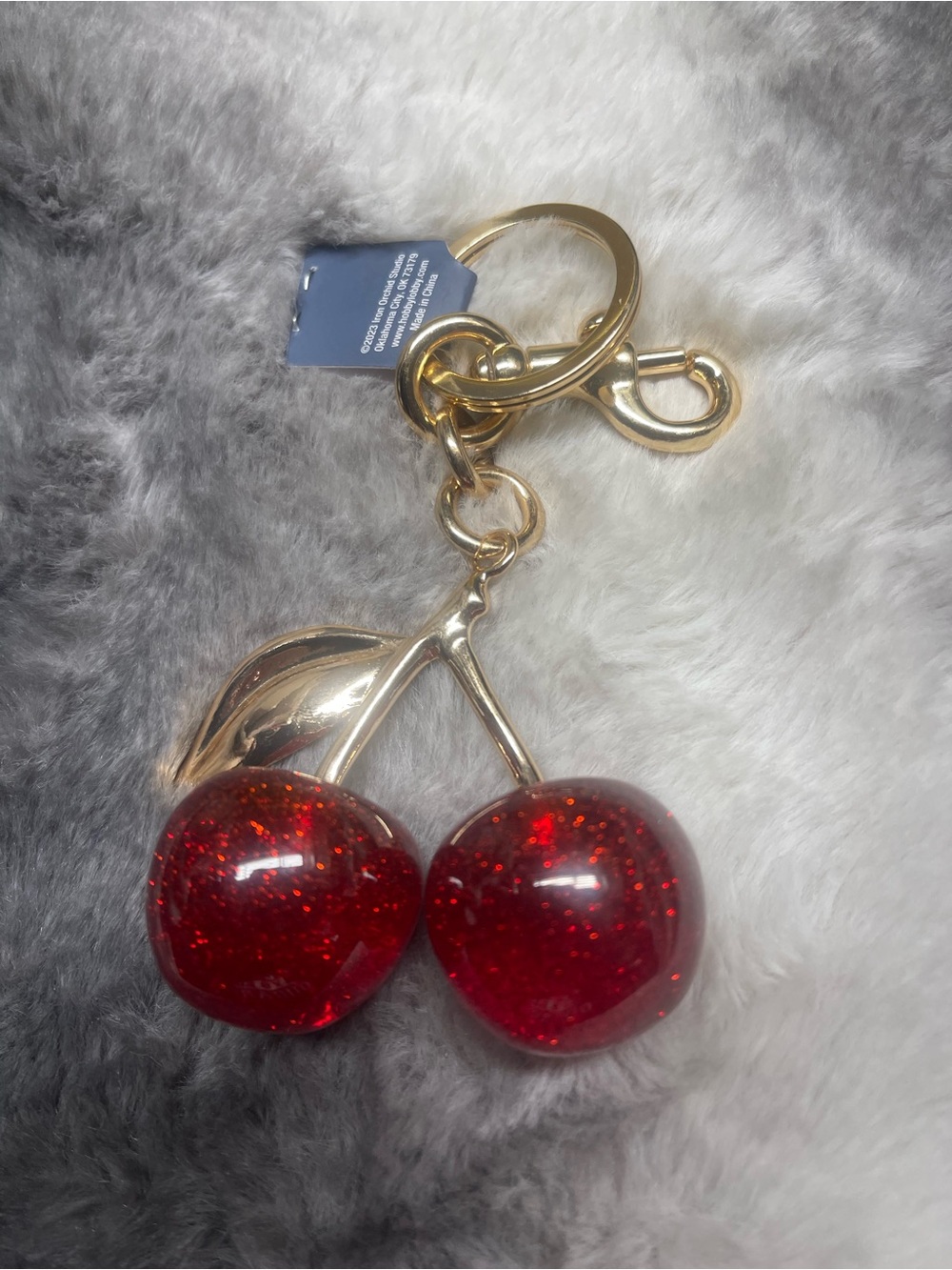 Gold Cherry Keychain with Red Glitter Charms